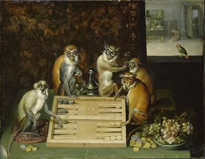 Oil Painting Handpainted On Canvas  Monkeys Playing Backgammon   • $147