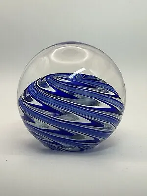 Vitrix Hand Blown Glass Art Paperweight Blue White Swirl Signed Dated 2004 READ • $41.61