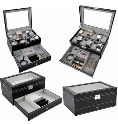 £23.89 • Buy 12 Grid Jewelry Watch Box Mens Jewellery Display Drawer Tray Glass PU Leather UK