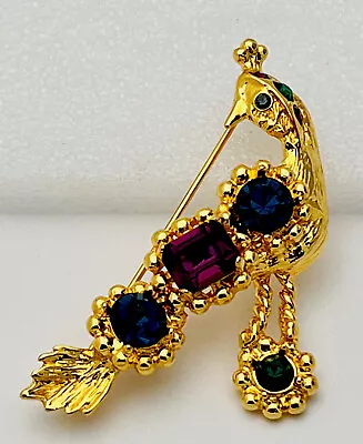 Vintage 1990s Peacock Gold Tone Multicolor Crystal Pin Brooch • $24.99