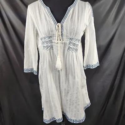 Monoreno Tunic 3/4 Sleeve White Dress Navy Blue Embroidery Side Zip Sz M (JJ-02) • $14
