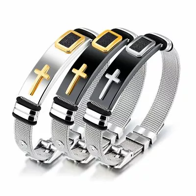 Men's Bible Prayer Cross Mesh Bracelet Bangle Wristband Stainless Steel Classic • $10.44