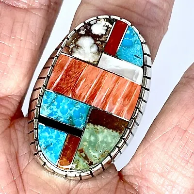 Turquoise Multi Stone Inlay Mens Ring Sz 12 Navajo Sterling Signed Ray Jack Big • $215.94