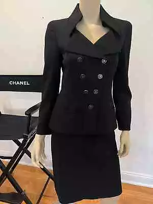 Chanel 01p Black Cc Logo Button Skirt 2 Piece Suit Fr38-us6 • $2200