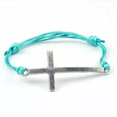 Silver Religious Cross Colored Cotton Waxed Cord Friendship Love Wish Bracelet • £1.99