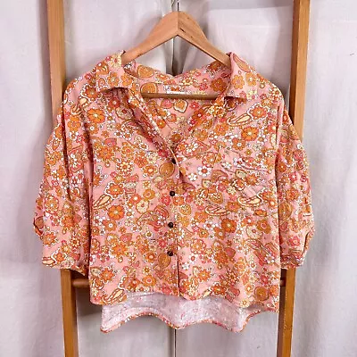 Ghanda Button Up Blouse Womens Large Orange Floral Print Half Sleeve Top • $16.45