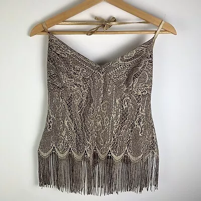 Vintage Etam Flapper Girl Halter Neck Top Size 12 Metallic Fringe Lace Party • $21.58