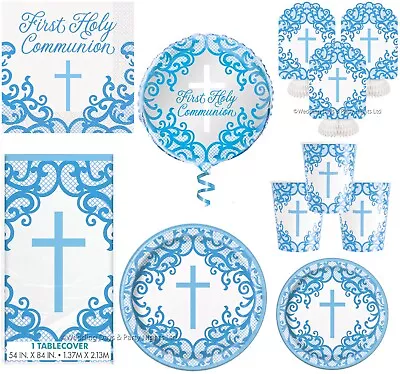 Boys Blue White Cross 1st First Holy Communion Tableware Balloon Party Decor • £2.48