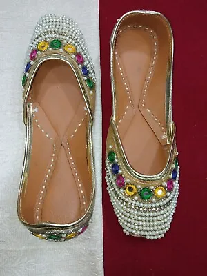 Women Shoes Leather Handmade Indian Wedding Mojaries Jutties Flats Size US 9 • $53.99