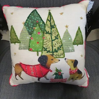 Dachshund Christmas Holiday Toss Throw Pillow Sparkle Beading Trees NWT • $29.99