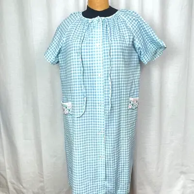 Vintage Dan Ellen Snap Front House Dress Moomoo House Coat Pocket Size 1x Blue • $14.99