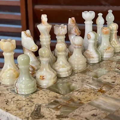 Staunton Coral & Green Onyx Chess Men Set Weighted Pro Marble Game No Board • $70