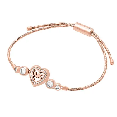 MICHAEL KORS Heart Crystal MK Logo Rose Gold Tone Slider Bracelet MKJ7176791 NEW • $52