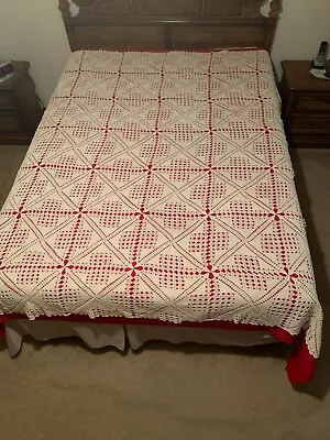 Vintage Ivory Hand Made Heavy Crochet Cotton Bed Cover Or Tablecloth 68  X 83  • $29.95