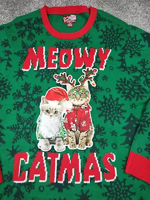 Meowy Catmas Sweater Adult XL Green Cat Christmas Reindeer Party Sweater Dec 25t • $21.99