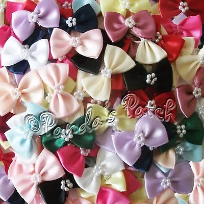 Satin Ribbon Bow Ties With Pearls - Choose Colour & Pack Size - Free Postage • £4.89