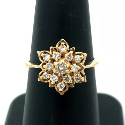 Vintage 14K Yellow Gold Round Diamond Cluster Flower Cocktail Ring • $425