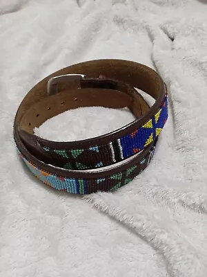 Vintage BRIGHTON Belt BEADED Distressed Leather Aztec Southwestern  Large Tribal • $26.60