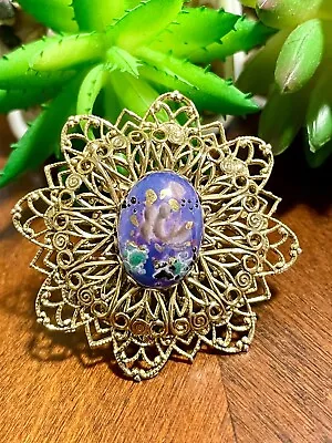 Gorgeous Vintage Filigree Gold Tone Brooch With Handpainted Glass Cabochon • $11.20
