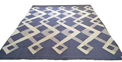 Huge Kilim Rug Navy Grey Wool Indian Extra Large Hand Woven 240x300cm 8ft X 10ft • £399.99