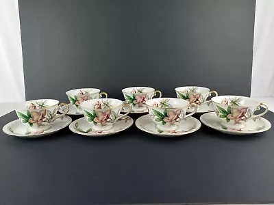 Lot Of 7 Ivory China Meito China Woodrose Tea Cups And Saucers 14 Pc Set • £46.56