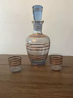 MCM Blue And Gold Stripes Vintage Decanter Set With Two Matching Shot Glasses • $16.99