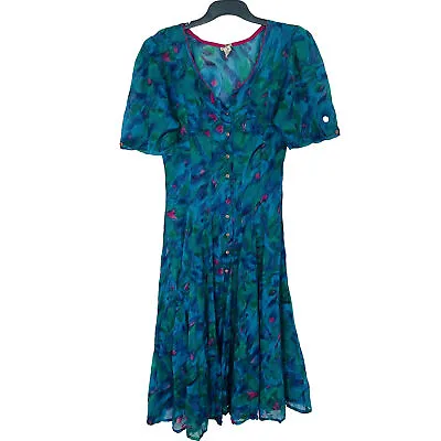 Vintage Small Adini Button Midi Dress 80’s Indian Cotton Pink Blue Green Sleeves • $35