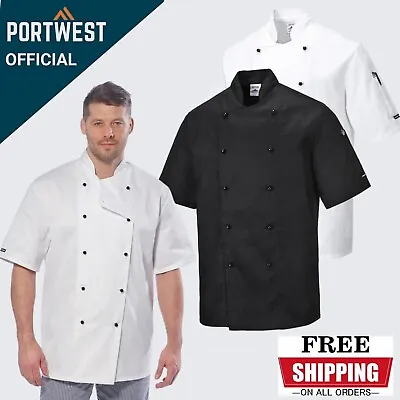 Portwest Kent Short Sleeve Chefs Jacket Catering Cook Food Industry Unisex Coat • £5.99