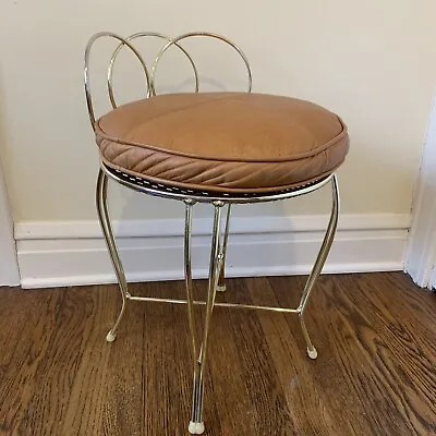 Vintage Vanity Boudoir Chair Stool Gold Brass Leather Cushion Hollywood Regency • $85