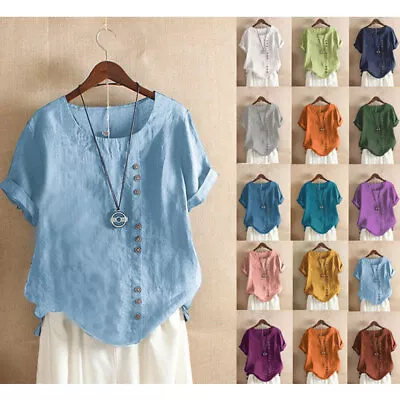 £8.99 • Buy Summer Womens Cotton Linen Tunic Blouse Tops Ladies Short Sleeve Shirt Plus Size