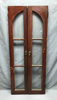 Pair Antique 3 Lite Arched Glass Cabinet Cupboard Window Doors VTG 9x44 113-24B • $225