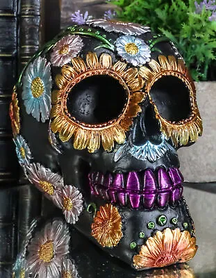 Ebros Black Day Of The Dead Floral Blooms Sugar Skull Figurine Skulls 6  Long • $25.99