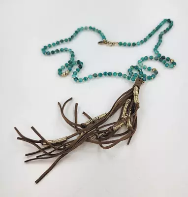 Erica Lyons Malachite Mala Style Necklace Green Beads Brown Tassel 34.5 In • $16.50