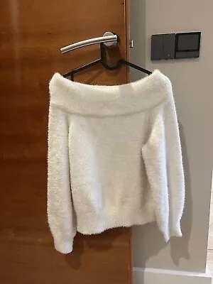 H&M Off Shoulder Fuzzy White Jumper Size XS • £4.99