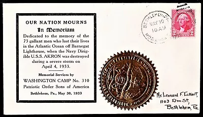 USS AKRON ZRS-4 Memorial Crash Cover Bethlehem PA May 30 1933 Patr Sons America • $26.50