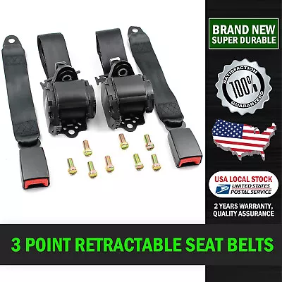 Universal Black 3 Point High Quality Retractable Seat Belt Adjustable Belt Kit • $42.44