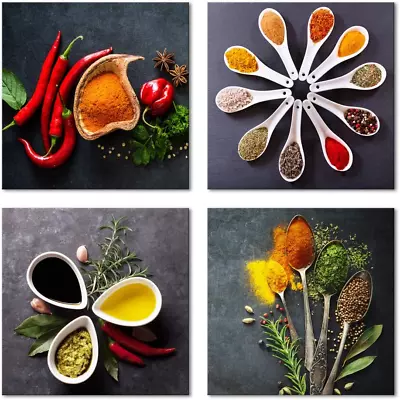 4 Pieces Colorful Spices And Spoon Vintage Canvas Prints Still Life Paintings Pi • $57.02