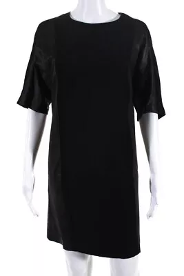 Vince Womens Crew Neck Satin Leather Short Sleeve Shift Dress Black Size Small • $85.21