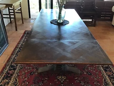 $1850 • Buy Antique French Oak Parquetry Top Twin Pedestal 2 Leaf Extension Dining Table
