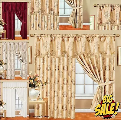 Pencil Pleat Curtain Pair Fully Lined Jacquard Curtains Ready Made With Tie Back • £84.99