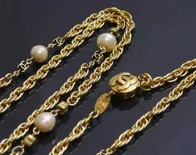 Chanel Long Necklace Pearl Coco Mark Gold Vintage Ladies' Fashion Accessories • $1762.30