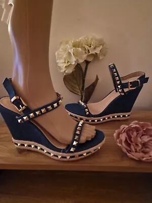 £10 • Buy Ladies Size (7) Denim Summer Wedges With Gold Studs (Brand New Boxed )