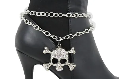 $15.99 • Buy Women Boot Bracelet Silver Metal Chain Strap Rhinestones Shoe Bling Skull Charm