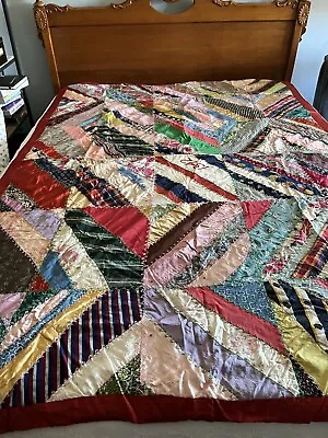 Antique Dated 1942 Embroidered Silk Crazy Patchwork Quilt Hand Stitched Vintage • $65