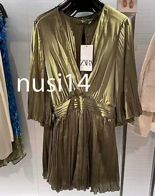 Zara New Woman Pleated Satin Playsuit Olive Green Xs-xl 9878/117 • $59.89