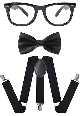 Nerd Geek Hipster Fancy Dress Mens Ladies Hen Stag Party Glasses Bowtie Braces • £3.95