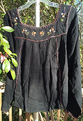 Peasant Boho_Mexican Style Embroidered Tunic Top Shirt_Black_size L_New_Lovely! • $13.95