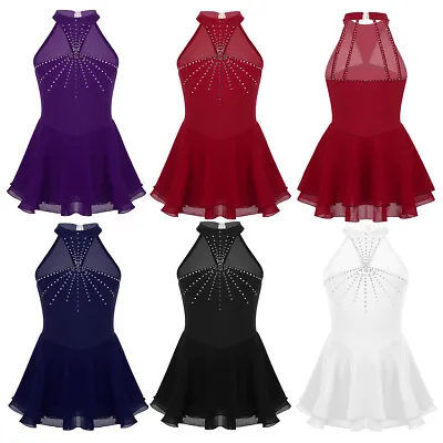 Kids Girls Figure Ice Skating Dress Ballet Dance Leotard Mesh Halter Dancewear • £15.83