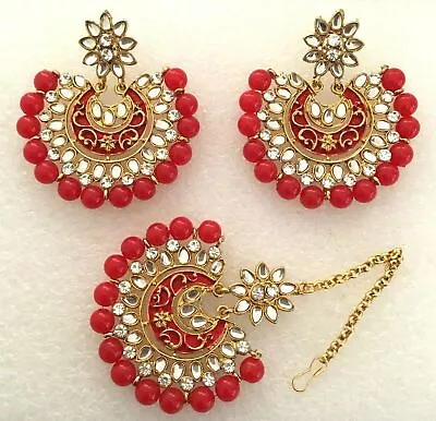 Red Bridal Maang Tikka Earring Pearl Kundan Bollywood Gold Tone Indian Jewelry • $21.93
