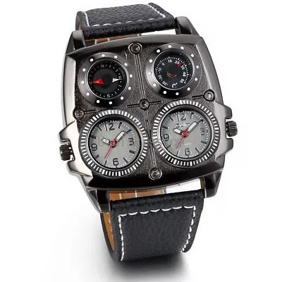 Military Army Dual Time Zones Movements Quartz Watch Black Leather Sports Mens • $16.99